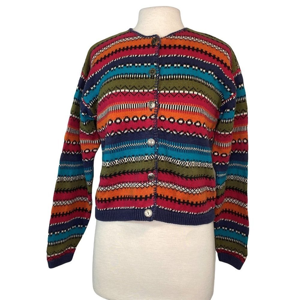 Vintage Cardigan Sweater Small Multi Blanket Stitches Button Melbourne Elements